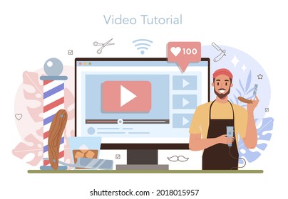 Barber online service or platform. Idea of hair and beard care. Men' hair treatment and styling. Video tutorial. Isolated flat illustration