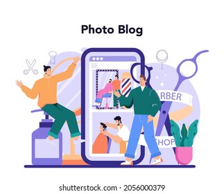 Barber online service or platform. Idea of hair and beard care. Men' hair treatment and styling. Online photo blog. Vector flat illustration