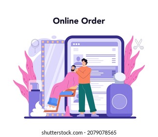 Barber online service or platform. Idea of hair and beard care. Men' hair treatment and styling. Online order. Vector flat illustration