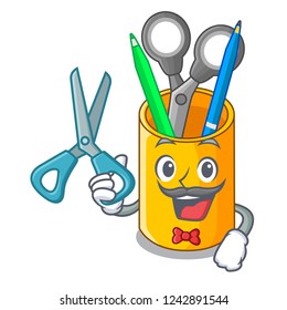 Barber organizer desktop top view with cartoon