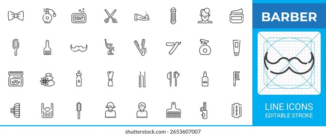 Barber outline vector icon pack. Linear symbols set with icons like jar, trimmer, scissors, oil bottle, razor blade, comb, chair, mirror, soap, hair clipper, perfume, towel.