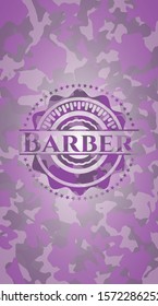 Barber pink camouflage emblem. Vector Illustration. Detailed.