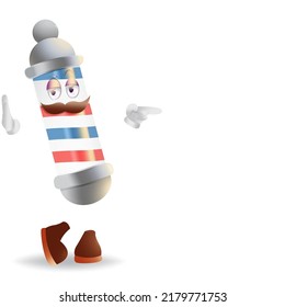 Barber pole character with mustache.He leans on the wall with his hand,with the other hand he points with his finger.Barbershop mascot.Stock vector illustration of cartoon barber pole.