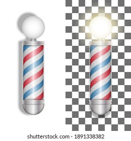 Barber pole helix of colored stripes isolated on the white background lamps on and off sign used by barbers, 3d vector clip art realistic model