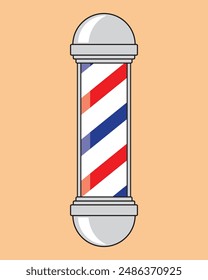 Barber pole icon vector sign illlustration design isolated. Colorful Classic Barber shop Pole signboard with a shop pole with red, blue and white stripes isolated on brown background.