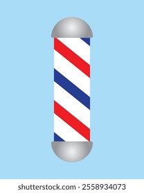 Barber pole icon vector sign illlustration design isolated. Colorful Classic Barber shop Pole signboard with a shop pole with red, blue and white stripes isolated on blue background.