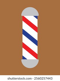 Barber pole icon vector sign illlustration design isolated. Colorful Classic Barber shop Pole signboard with a shop pole with red, blue and white stripes isolated on brown background.