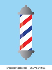 Barber pole icon vector sign illlustration design isolated. Colorful Classic Barber shop Pole signboard with a shop pole with red, blue and white stripes isolated on blue background.