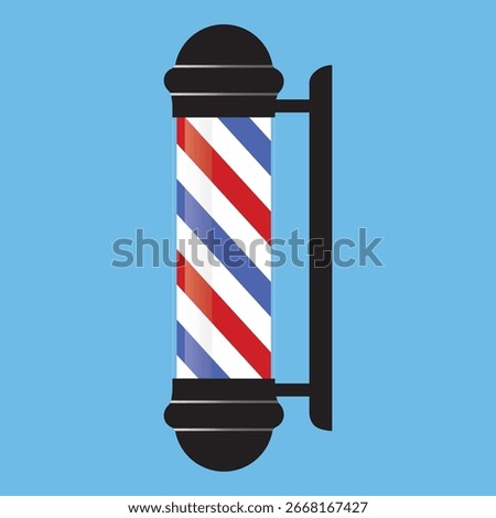 Barber pole icon vector sign illlustration design isolated. Colorful Classic Barber shop Pole signboard with a shop pole with red, blue and white stripes isolated on blue background. EPS 10
