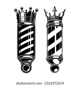 Barber pole with king crown. Design element for logo, label, sign, emblem. Vector illustration