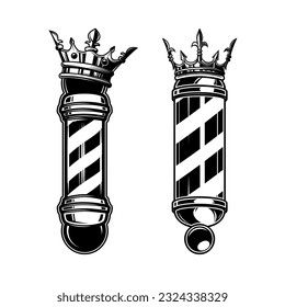 Barber pole with king crown. Design element for logo, label, sign, emblem. Vector illustration