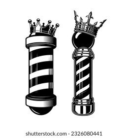 Barber pole with king crown. Design element for logo, label, sign, emblem. Vector illustration