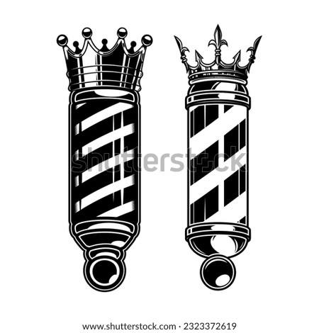 Barber pole with king crown. Design element for logo, label, sign, emblem. Vector illustration