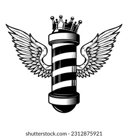 Barber pole with king crown and wings. Design element for logo, label, sign, emblem. Vector illustration