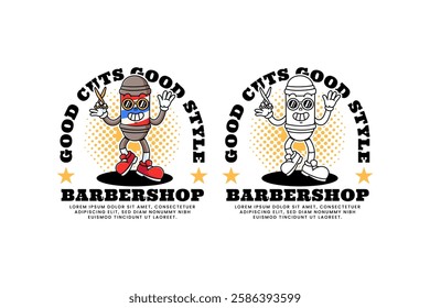 barber pole lamp retro cartoon character mascot illustration collection set with standing pose, holding hair cutting scissors and waving hand for hair cut and shave barbershop mascots and merchandise