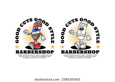 barber pole lamp retro cartoon character mascot illustration collection set with walking leisurely and smiling for hair cut and shave barbershop mascots and merchandise