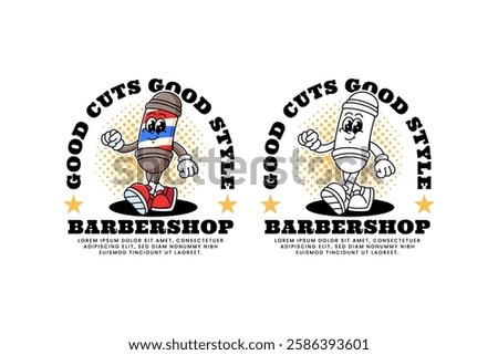 barber pole lamp retro cartoon character mascot illustration collection set with walking leisurely and smiling for hair cut and shave barbershop mascots and merchandise