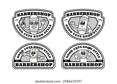 barber pole lamp and shaving brush cartoon logo design collection for barbershop. barber brush with foam and lamp pole emblem logo set. barbershop instrument cartoon badge logo illustration bundle