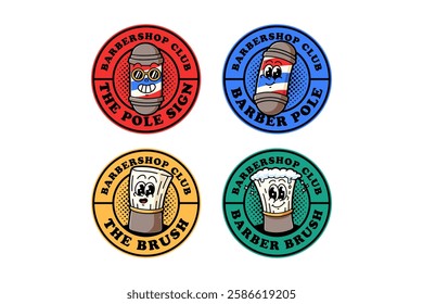 barber pole lamp and shaving brush colorful logo design collection for barbershop. barber brush with foam and lamp pole emblem logo set. barbershop instrument cartoon badge logo illustration bundle