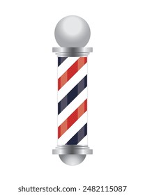 Barber pole realistic vector, old fashioned vintage silver and glass barber shop pole with red, blue and white stripes. Isolated on white background with reflection, for design and branding. 