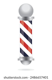 Poste de peluquero de Vector realista, viejo vintage plateado y de cristal poste de la barbería con rayas rojas, azules y blancas. Aislado sobre fondo blanco con reflexión, para diseño y branding.