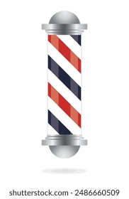 Barber pole realistic vector, old fashioned vintage silver and glass barber shop pole with red, blue and white stripes. Isolated on white background with reflection, for design and branding. 