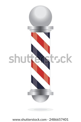 Barber pole realistic vector, old fashioned vintage silver and glass barber shop pole with red, blue and white stripes. Isolated on white background with reflection, for design and branding.