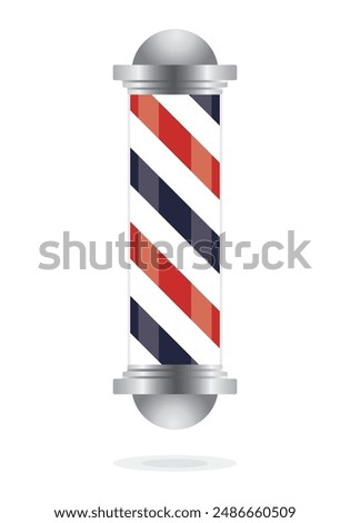 Barber pole realistic vector, old fashioned vintage silver and glass barber shop pole with red, blue and white stripes. Isolated on white background with reflection, for design and branding. 