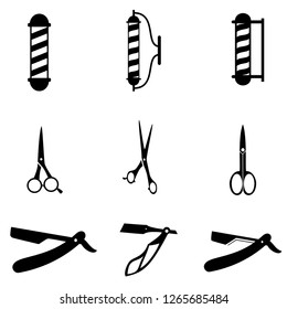 barber pole, scissors, and razor icon set vector