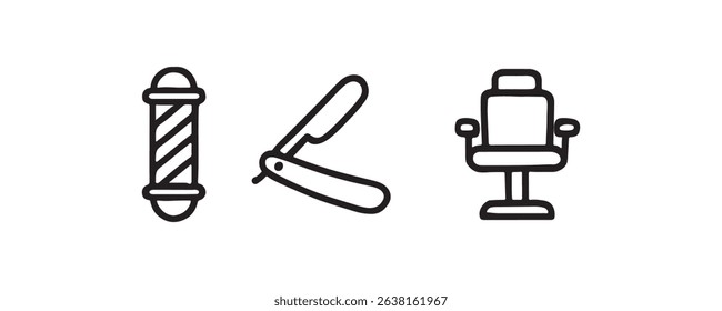 Barber pole, straight razor, and chair icons for barbershop theme.