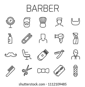 Barber related vector icon set. Well-crafted sign in thin line style with editable stroke. Vector symbols isolated on a white background. Simple pictograms.