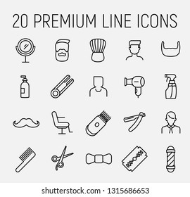 Barber related vector icon set. Well-crafted sign in thin line style with editable stroke. Vector symbols isolated on a white background. Simple pictograms. 