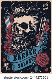 Barber salon colorful vintage flyer with straight razor and blooming roses near skull with thick beard and mustache vector illustration