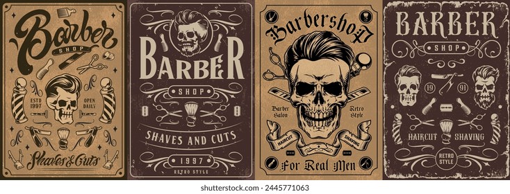 Barber salon monochrome set flyers with retro patterns around skulls and tools for creating brutal haircuts or shaving vector illustration
