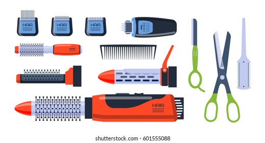 Barber salon professional set with tools equipment and twisting grooming metal barbershop care hairdressing stylist electric accessory vector illustration.