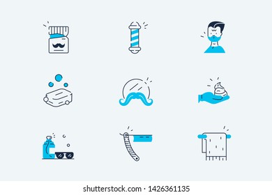 Barber salon set vector illustration. Barbershop line art icons, signage pole, shaving trimming, curlers, cutting tools flat style concept. Isolated on white