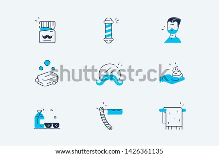 Barber salon set vector illustration. Barbershop line art icons, signage pole, shaving trimming, curlers, cutting tools flat style concept. Isolated on white