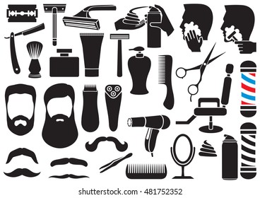 barber salon or shop vector icons set (shaving tools collection, comb, mustache, scissors, shears, haircut, razor, lotion, pole, hair dryer, chair, beard, cream)