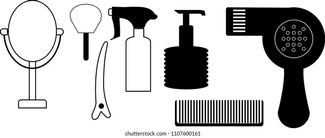 Barber salon or tool Include mirror,Cheek Brush,Spray,comb,Hair clip,Hair dryer vector icons set.