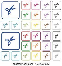 Barber scissors color flat icons in rounded square frames. Thin and thick versions included.