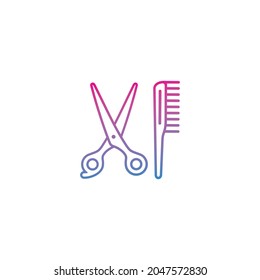 Barber scissors and comb outline gradient icon vector