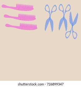 Barber scissors, combs   pattern. Hand drawn.