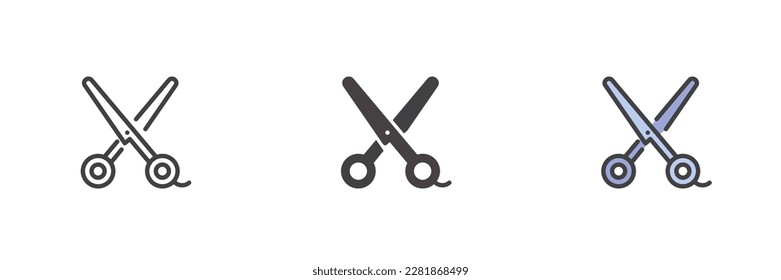 Barber scissors different style icon set. Line, glyph and filled outline colorful version, outline and filled vector sign. Symbol, logo illustration. Vector graphics