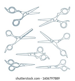 Barber scissors. Hand drawn barber scissors vector illustrations collection isolated on white background. Sketch drawing hair cutting open and close scissors graphics set. 