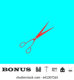 Barber scissors icon flat. Red pictogram on blue background. Vector illustration symbol and bonus buttons Music center, corkscrew, credit card, house, drum