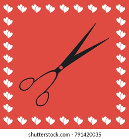 Barber scissors icon flat. Simple black pictogram on red background with white hearts for valentines day. Vector illustration symbol