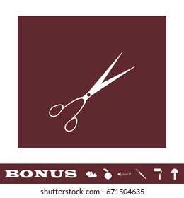 Barber scissors icon flat. White pictogram on brown background. Vector illustration symbol and bonus icons
