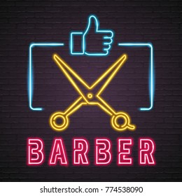 Barber Scissors Like Button Symbol Neon Light Glowing Graphic Bright Vector Illustration 