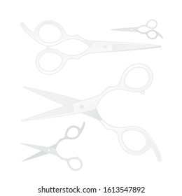Barber scissors. Realistic chrome barber scissors vector illustrations collection isolated on white background. Hair cutting open and close silver scissors graphics set. 