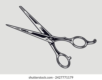 Barber scissors vintage sticker monochrome with classic accessory for cutting hair and creating unique hairstyle vector illustration